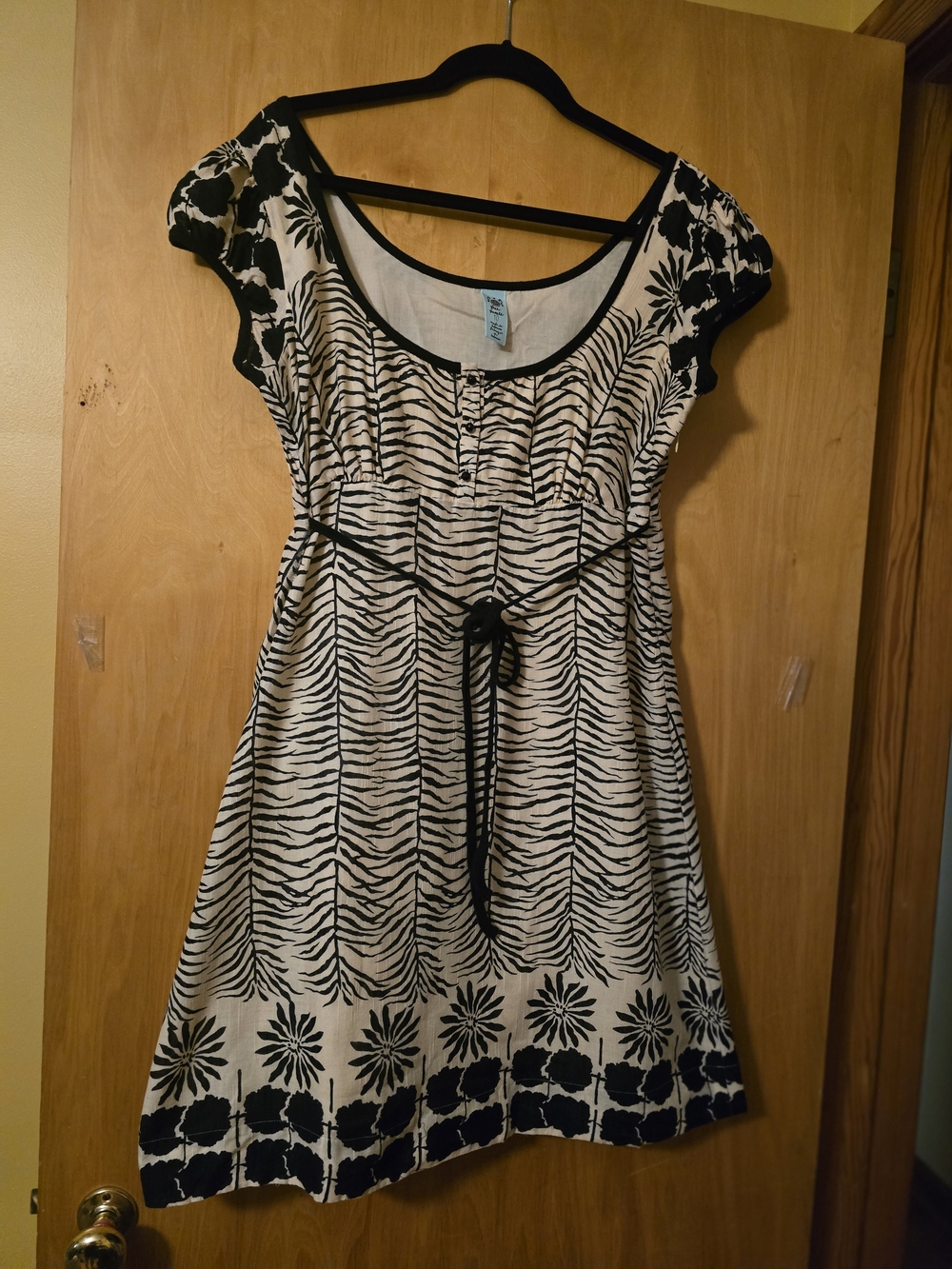 Free People Size 10 Black & Ivory Zebra Floral Print Cotton Empire Waist Dress